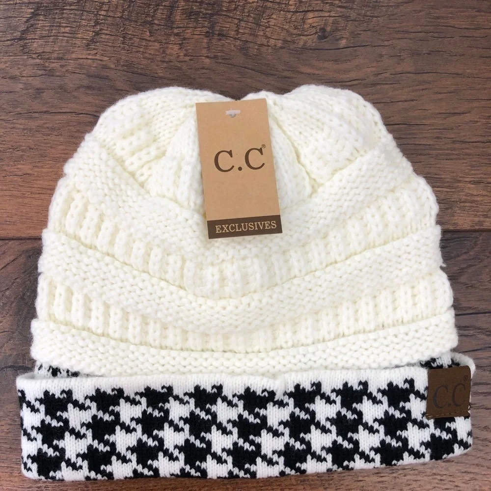 CC Beanie Hat Cap with Houndstooth‎ Cuff